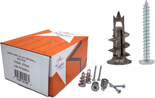 EDAZ Drywall Anchor & Screw, Plasterboard & Fiber Cement Board | Expansion ZAMAK/Zinc Anchor, Fits Most Screws — Medium Duty MagicToggles Series, include screws