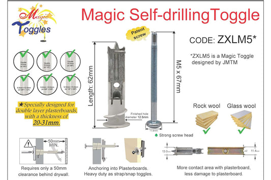 ZXLM5 2-Gen Self-Drilling 2-Layer Drywall Anchor TV Mount OK | Super Heavy Duty Wall & Ceiling Toggle Fastener (20-31mm), #3 Pozi Recess, Ideal for Rock Wool Insulation