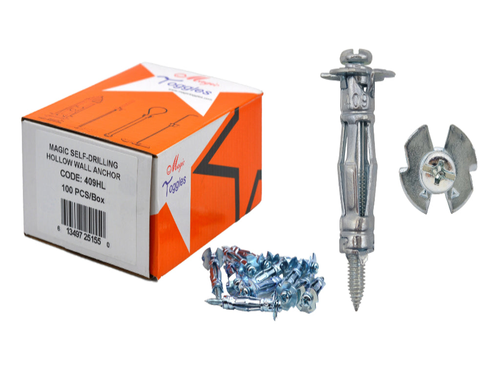 MACSIM 100-Pack 409HL Hollow Wall Anchor with Needle Point Screw, MagicToggle Heavy Duty Drywall Plasterboard Cavity Anchors, No Setting Tool Needed, Pro & DIY Friendly, Wall/Ceiling