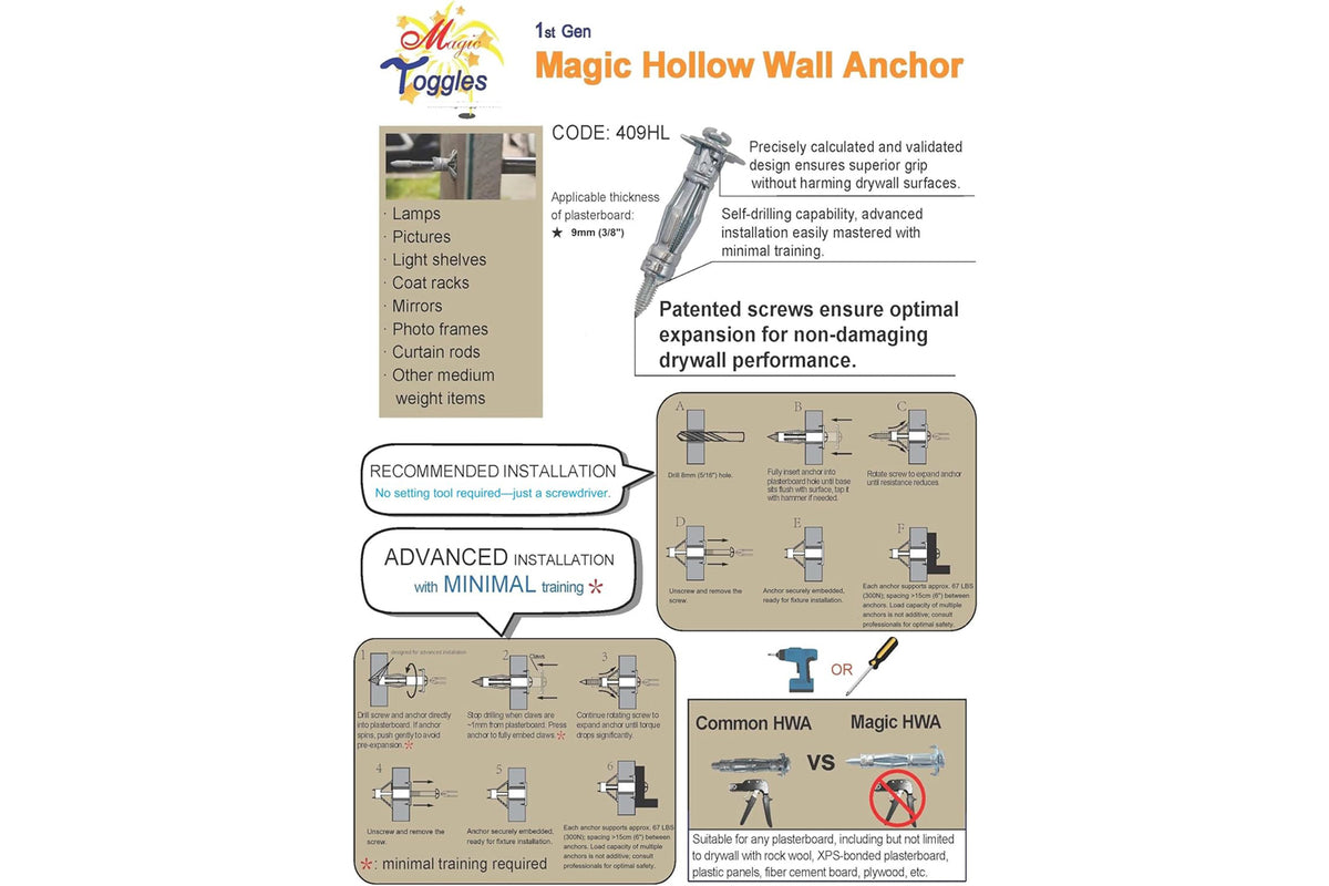409HL Hollow Wall Anchor with Needle Point Screw, MagicToggle Heavy Duty Drywall Plasterboard Cavity Anchors, No Setting Tool Needed, Pro & DIY Friendly, Wall/Ceiling