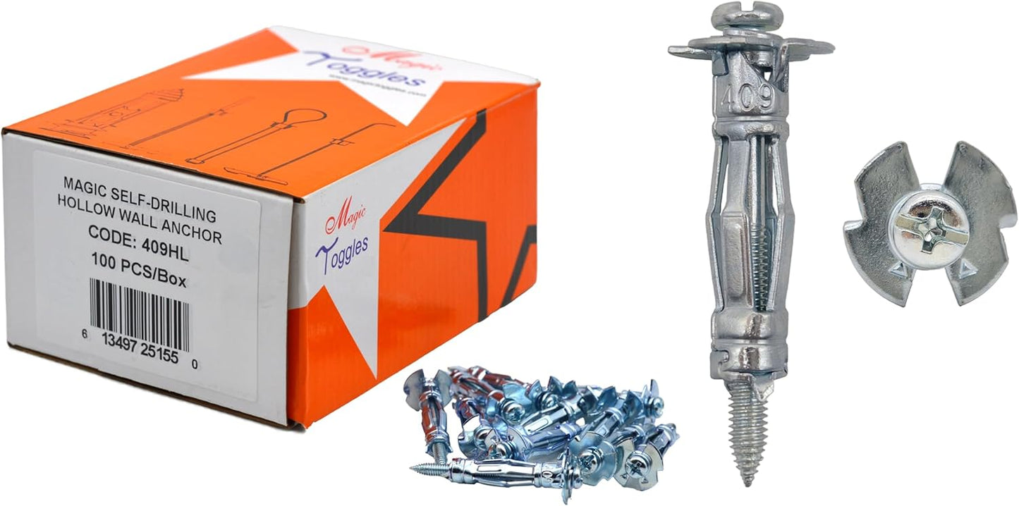 409HL Hollow Wall Anchor with Needle Point Screw, MagicToggle Heavy Duty Drywall Plasterboard Cavity Anchors, No Setting Tool Needed, Pro & DIY Friendly, Wall/Ceiling