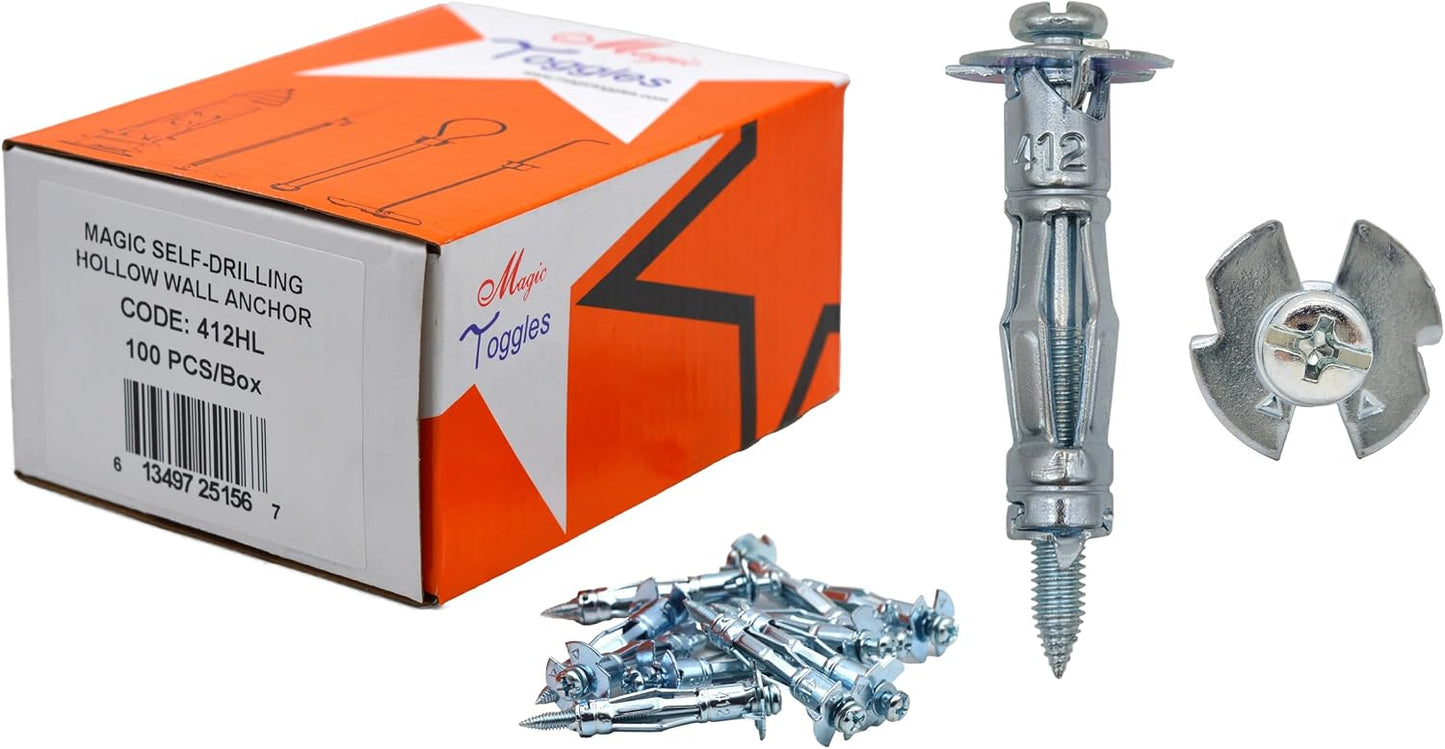 412HL Hollow Wall Anchor with Needle Point Screw, MagicToggle Heavy Duty Drywall Plasterboard Cavity Anchors, No Setting Tool Needed, Pro & DIY Friendly, Wall/Ceiling