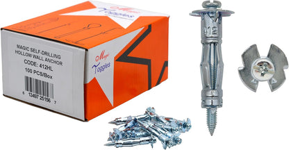 412HL Hollow Wall Anchor with Needle Point Screw, MagicToggle Heavy Duty Drywall Plasterboard Cavity Anchors, No Setting Tool Needed, Pro & DIY Friendly, Wall/Ceiling