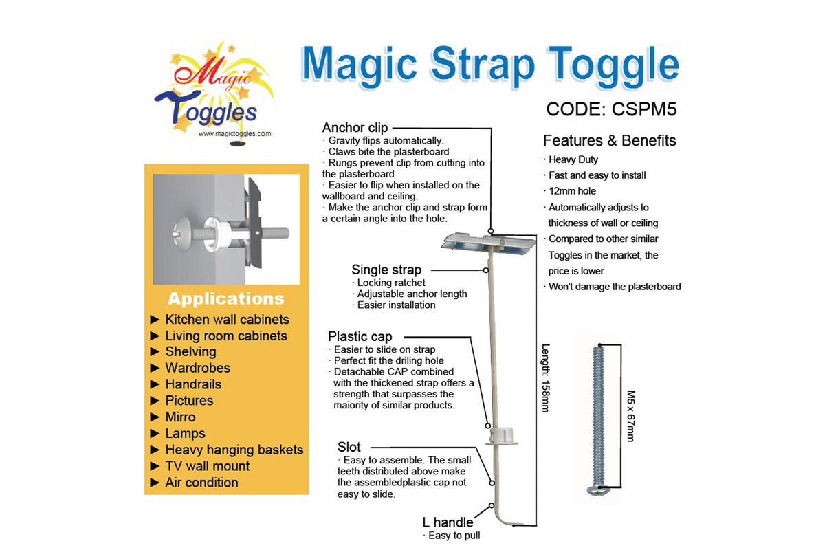 CSPM5 Heavy Duty Strap Toggle Bolt, M5x67 Screw, 12mm Drill Bit, 136-920 LB Load MagicToggles, Hollow Wall Anchor for Drywall & Block, TV Mount, Cabinet, Shelf