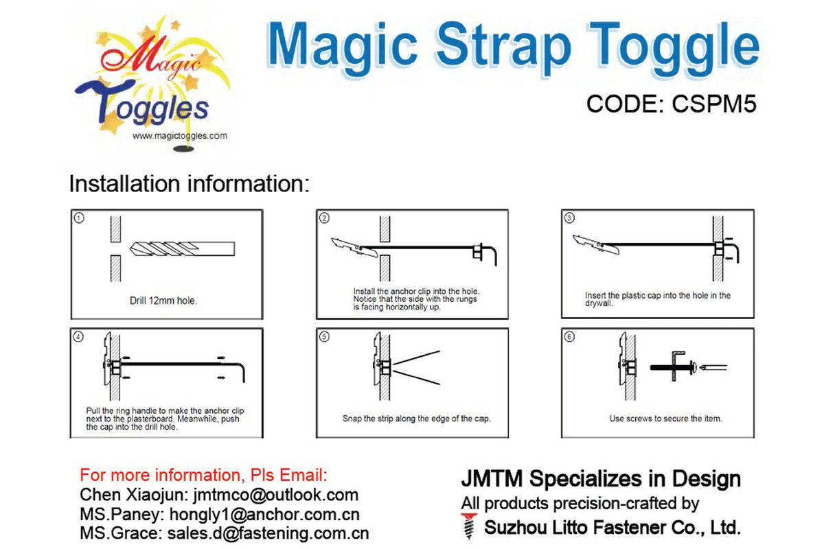 CSPM5 Heavy Duty Strap Toggle Bolt, M5x67 Screw, 12mm Drill Bit, 136-920 LB Load MagicToggles, Hollow Wall Anchor for Drywall & Block, TV Mount, Cabinet, Shelf