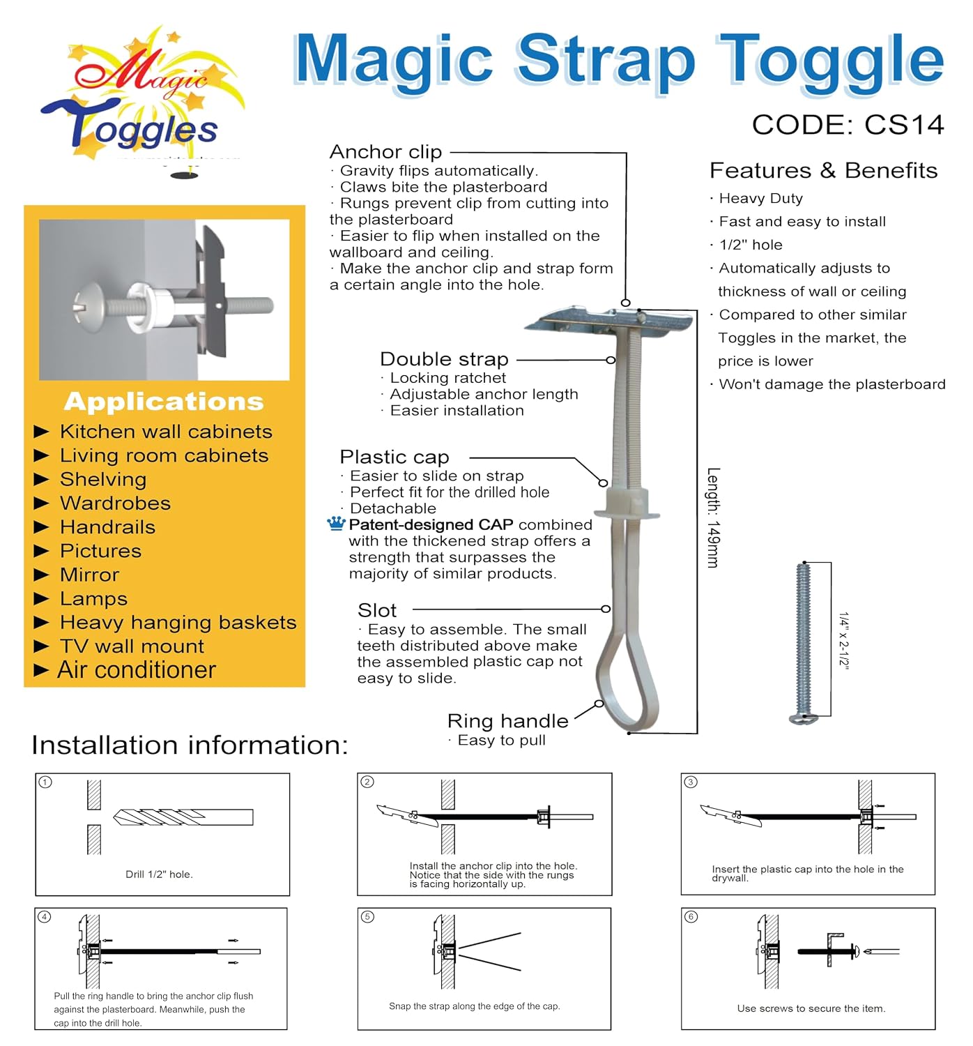 CS316 Heavy Duty Strap Toggle Bolt, 3/16"-24 x 2-1/2" Screw, 1/2" Drill Bit, 136-920 LB Load MagicToggles, Hollow Wall Anchor for Drywall & Block, TV Mount, Cabinet, Shelf