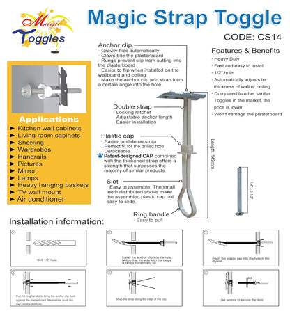 CS316 Heavy Duty Strap Toggle Bolt, 3/16"-24 x 2-1/2" Screw, 1/2" Drill Bit, 136-920 LB Load MagicToggles, Hollow Wall Anchor for Drywall & Block, TV Mount, Cabinet, Shelf
