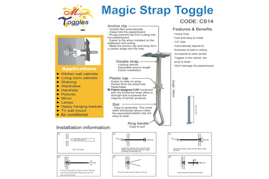 CS14 Heavy Duty Strap Toggle Bolt, 1/4"-20 x 2-1/2" Screw, 1/2" Drill Bit, 136-920 LB Load MagicToggles, Hollow Wall Anchor for Drywall & Block, TV Mount, Cabinet, Shelf