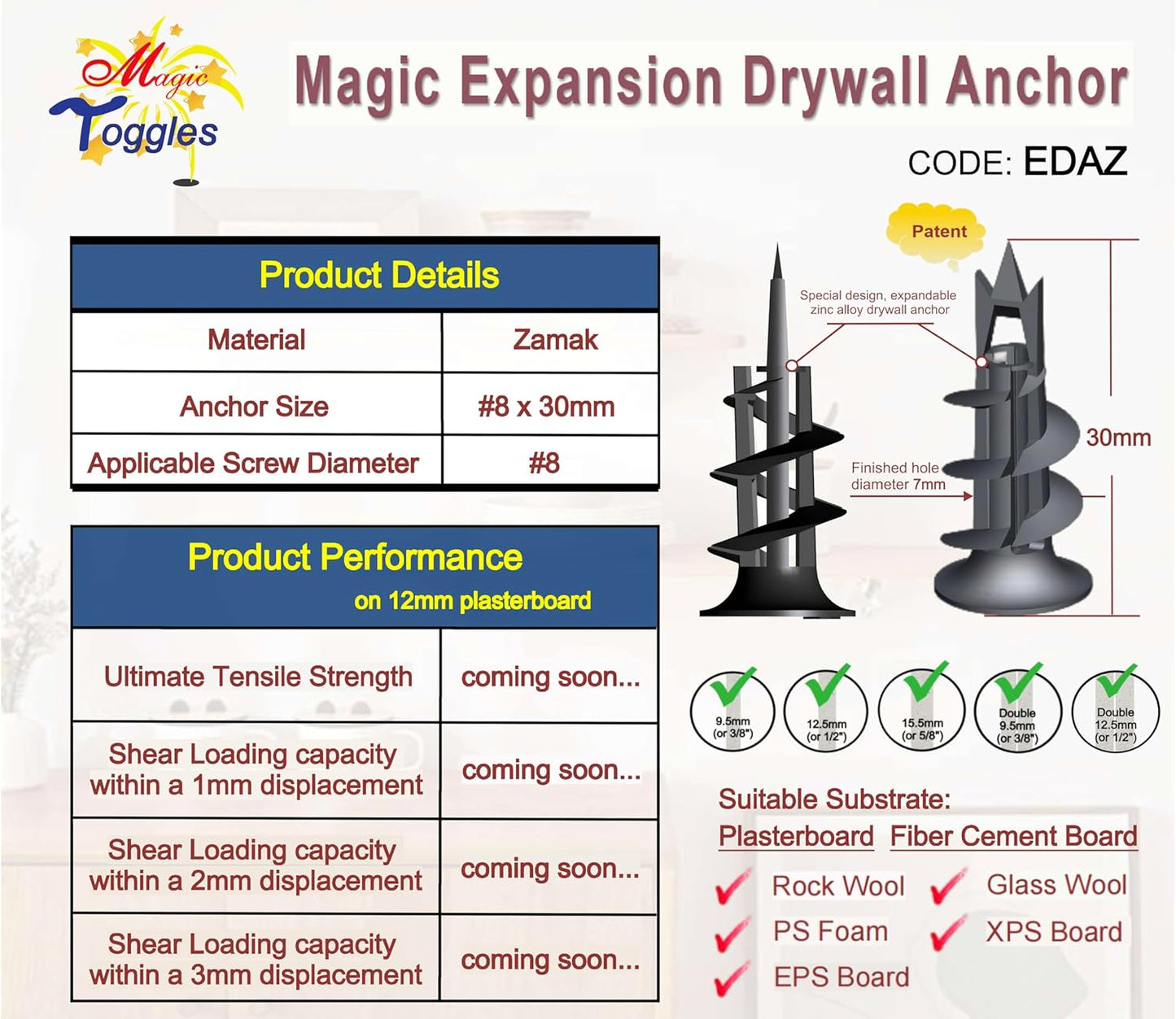 EDAZ Drywall Anchor & Screw, Plasterboard & Fiber Cement Board | Expansion ZAMAK/Zinc Anchor, Fits Most Screws — Medium Duty MagicToggles Series, include screws