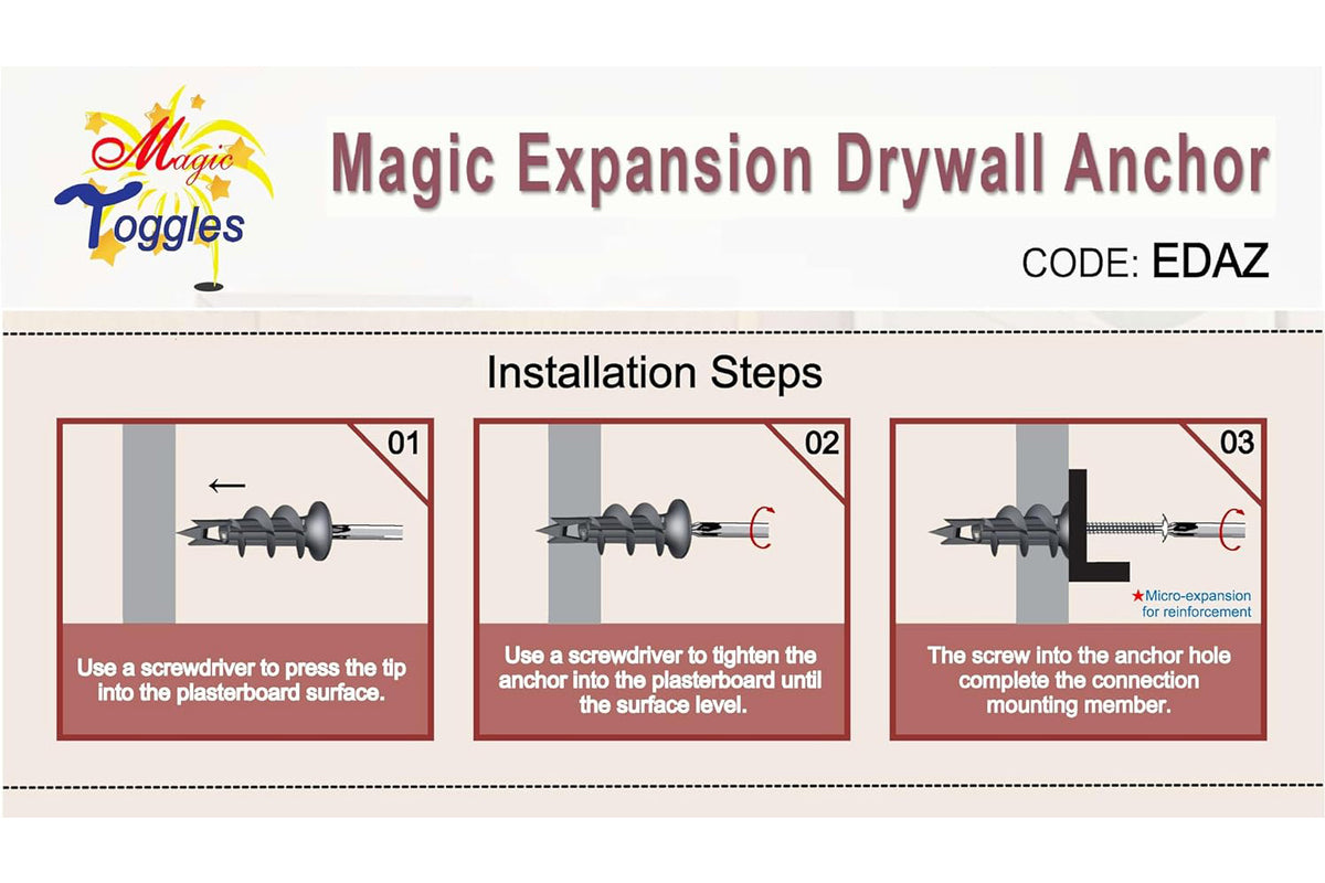 EDAZ Drywall Anchor & Screw, Plasterboard & Fiber Cement Board | Expansion ZAMAK/Zinc Anchor, Fits Most Screws — Medium Duty MagicToggles Series, include screws