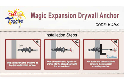 EDAZ Drywall Anchor & Screw, Plasterboard & Fiber Cement Board | Expansion ZAMAK/Zinc Anchor, Fits Most Screws — Medium Duty MagicToggles Series, include screws