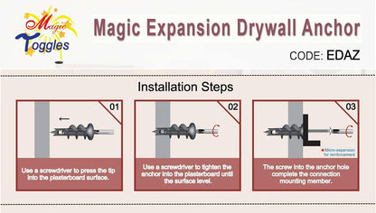 EDAZ Drywall Anchor & Screw, Plasterboard & Fiber Cement Board | Expansion ZAMAK/Zinc Anchor, Fits Most Screws — Medium Duty MagicToggles Series, include screws