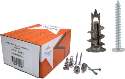 EDAZ Drywall Anchor & Screw, Plasterboard & Fiber Cement Board | Expansion ZAMAK/Zinc Anchor, Fits Most Screws — Medium Duty MagicToggles Series, include screws