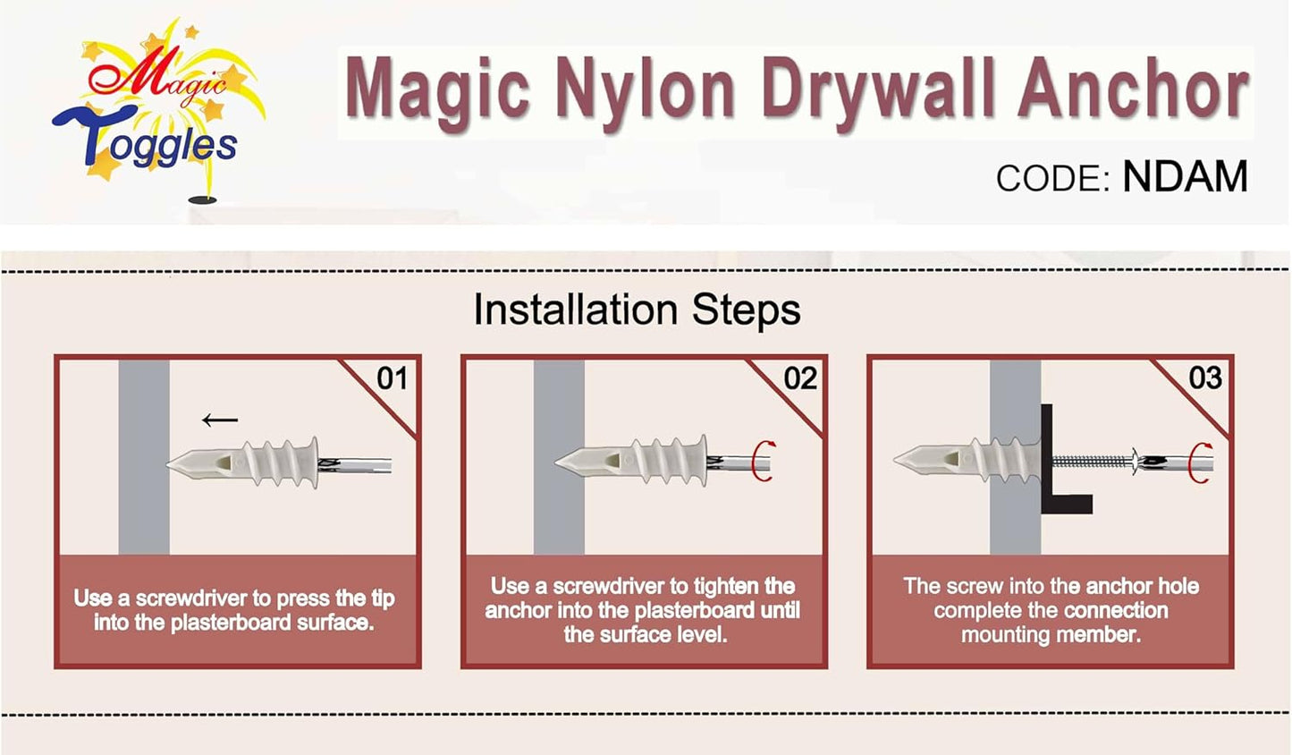 NDAM Compact Heavy-Duty Nylon Drywall Anchors, Mini Self-Drilling Plasterboard & Foam Fasteners, Fits #6 Screws, (Anchors Only)