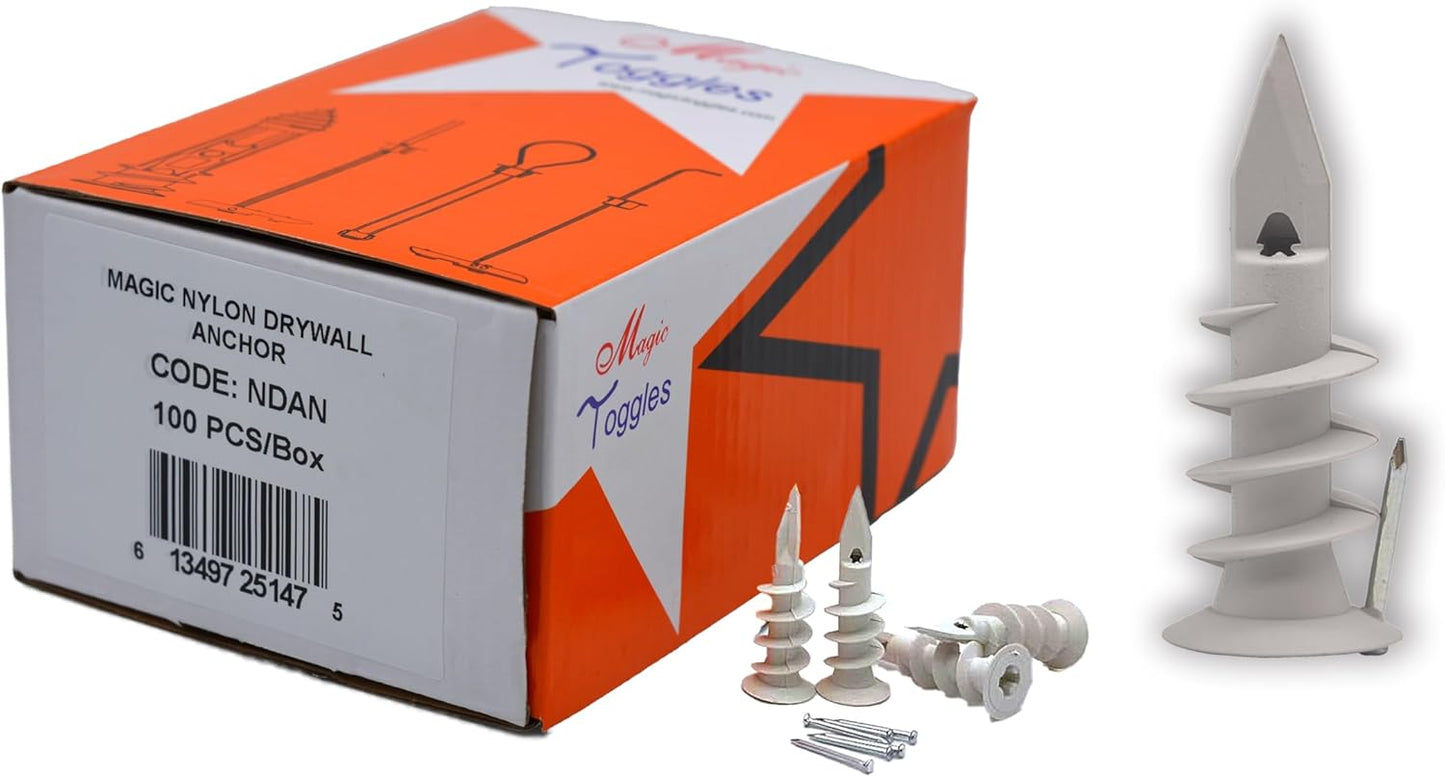 NDAN Nylon Drywall Anchors with Patented Reinforcement Nails | Medium Duty for Plasterboard & Insulation Wall, Anchor only, No Screws Included