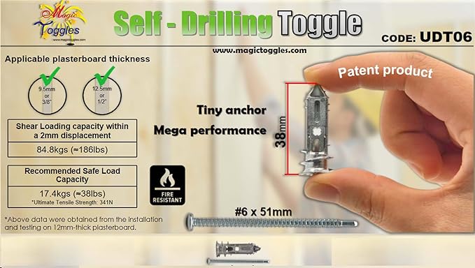 UDT06 2-Gen Self-Tapping Drywall Anchors with #6x2" Patent Screw | Tiny Heavy Duty Toggle Fastener for Walls & Ceilings (8-13mm), Fire Resistant, Ideal for Rock Wool Insulation