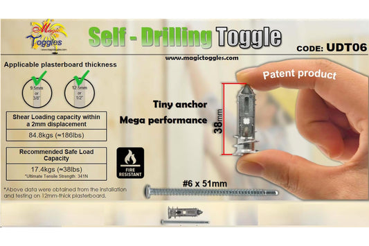 UDT06 2-Gen Self-Tapping Drywall Anchors with #6x2" Patent Screw | Tiny Heavy Duty Toggle Fastener for Walls & Ceilings (8-13mm), Fire Resistant, Ideal for Rock Wool Insulation