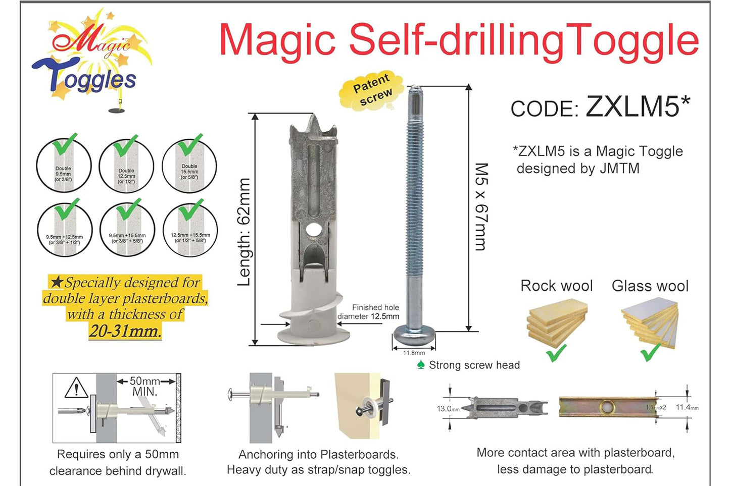 ZXLM5 2-Gen Self-Drilling 2-Layer Drywall Anchor TV Mount OK | Super Heavy Duty Wall & Ceiling Toggle Fastener (20-31mm), #3 Pozi Recess, Ideal for Rock Wool Insulation